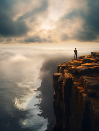 Man standing on the edge of cliff and watching over the ocean.の素材