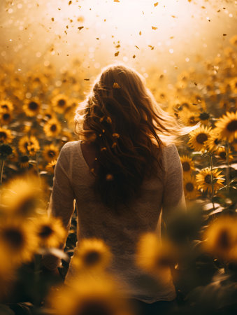 Beautiful young woman in a field of sunflowers at sunsetの素材