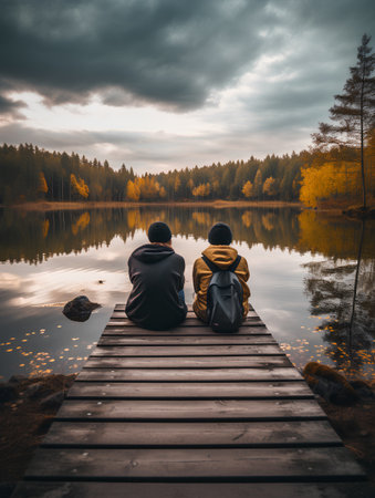 Couple sitting on a wooden pier by a lake in autumn.の素材