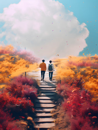 Couple walking in the autumn forest with colorful trees and blue skyの素材