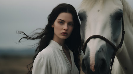 Portrait of a beautiful girl with long hair and a white horseの素材