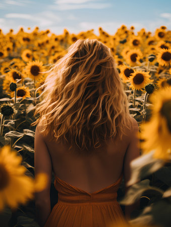 Beautiful young woman in a field of sunflowers. Back view.の素材
