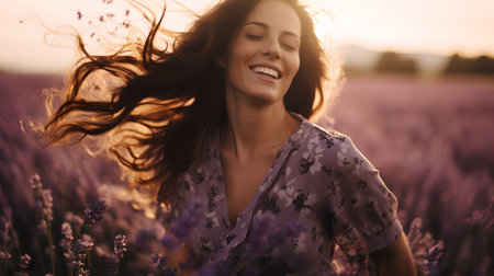 Portrait of a beautiful woman in a lavender field at sunsetの素材