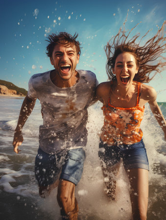 Happy young couple having fun on the beach. Laughing man and woman having fun outdoors.の素材