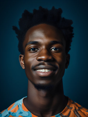 Portrait of a happy young african american man smiling against blue backgroundの素材