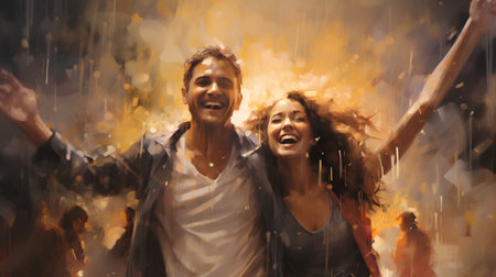 Young couple dancing in the rain with splashes of yellow paint.の素材