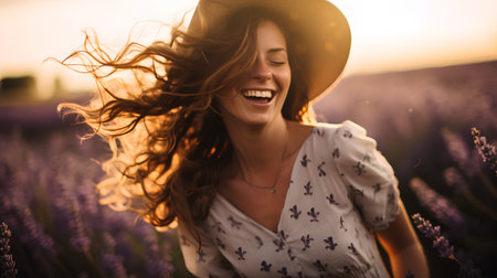 Beautiful young woman in lavender field at sunset. Girl with long curly hair.の素材