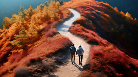 Couple walking on a path in the autumn forest. 3d renderingの素材
