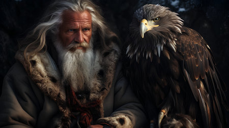 Old man with long gray hair and beard and bald eagle on his shoulderの素材