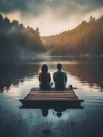 Couple sitting on a wooden pier on a lake in the morning.の素材
