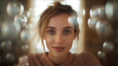 Portrait of a beautiful young woman with green eyes in a cafeの素材