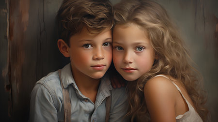 A portrait of a boy and a girl on a wooden background.の素材