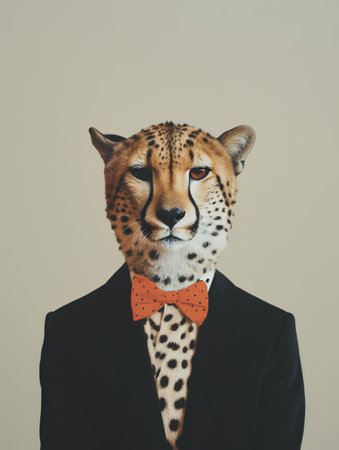 Cheetah in a suit with bowtie on a gray backgroundの素材