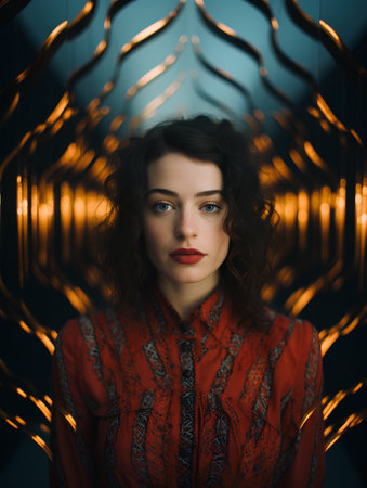 Portrait of a beautiful girl in a red dress on a dark backgroundの素材