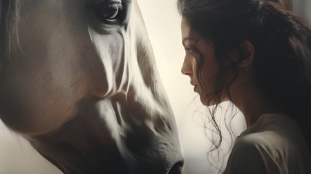 Portrait of a beautiful young woman with a horse in the studioの素材