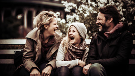 Happy family spending time together. Mother, father and their daughter sitting on bench and laughing.の素材