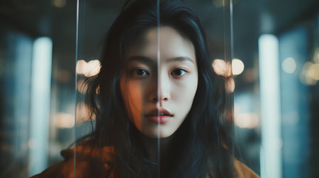 Portrait of beautiful asian woman looking through the window at nightの素材
