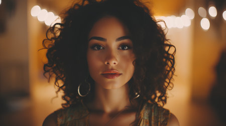 Portrait of a beautiful young woman with curly hair in the interiorの素材