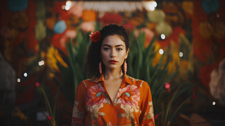 Portrait of a beautiful young woman in colorful dress in a tropical gardenの素材
