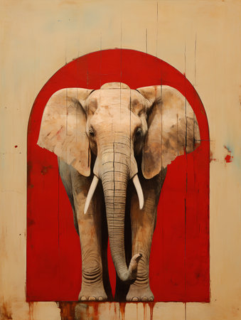 African elephant in front of red door with grunge texture and copy spaceの素材