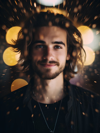 Portrait of a handsome young man with long curly hair in the rainの素材
