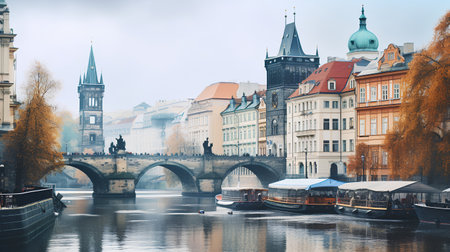 Prague, Czech Republic. Old Town and Charles Bridge over Vltava river.の素材