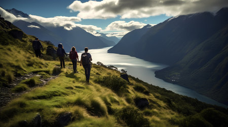 Group of tourists on a hiking trail in the mountains, New Zealandの素材