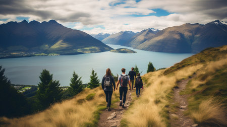 Couple of travelers with backpacks walking on a trail leading to Lake Wakatipu, Queenstown, New Zealandの素材