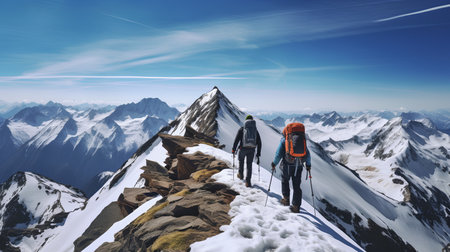 Climbers on the top of a mountain in the Himalayasの素材