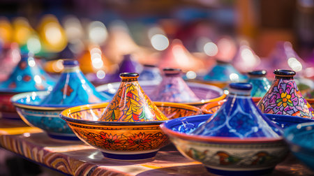 Colorful ceramic pottery on display at a market in India.の素材