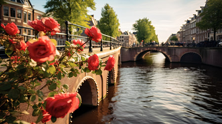 Beautiful red roses on the canals of Amsterdam.の素材