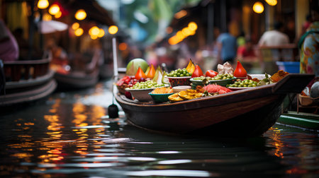 Fruits and Vegetables on a boat at Damnoen Saduak floating market in Thailandの素材