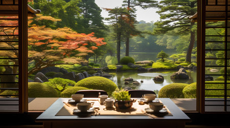 Japanese garden in autumn season with japanese tea cup and teapotの素材