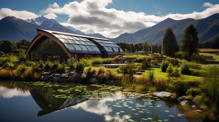 3d render of modern house in the mountains with lake and reflectionの素材