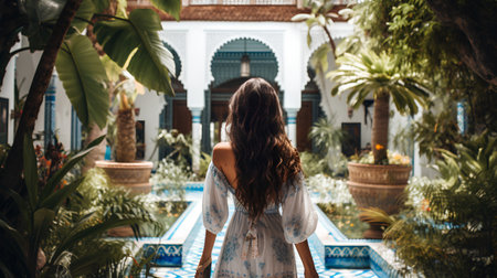 Back view of a beautiful young woman in white dress in the gardenの素材