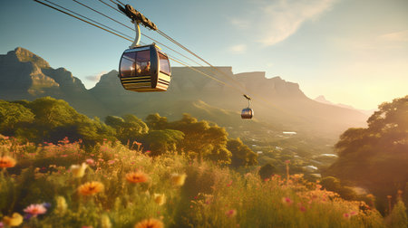 Cable car in the mountains at sunset. The concept of travel.の素材