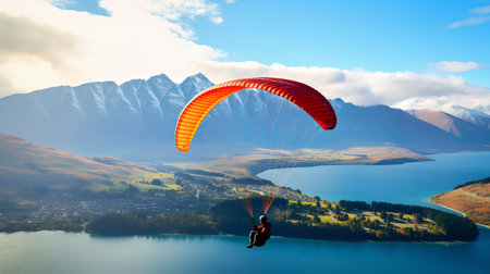 Paraglider flying over Lake Wakatipu, Queenstown, New Zealandの素材