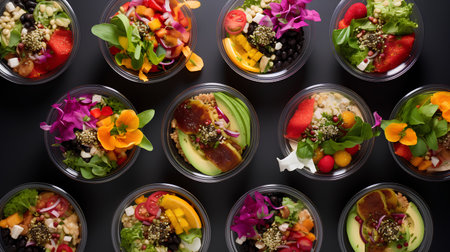 Healthy food in plastic containers on a black background. Top view.の素材