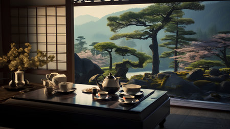 Japanese tea ceremony at japanese garden (3d render)の素材