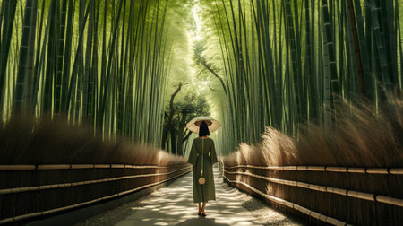 Woman with umbrella walking in the bamboo forest. 3D rendering.の素材