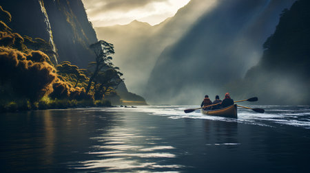 Tourists kayaking in Milford Sound, Fiordland National Park, New Zealandの素材