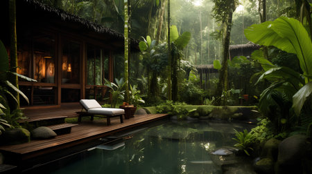 3d rendering of a luxury villa with a pool in the jungleの素材