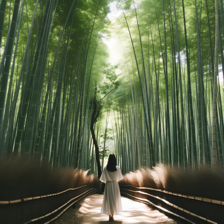 A girl in a long white dress walks through the bamboo forest.の素材
