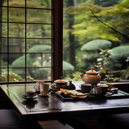 tea ceremony in japanese garden, tea set on tableの素材