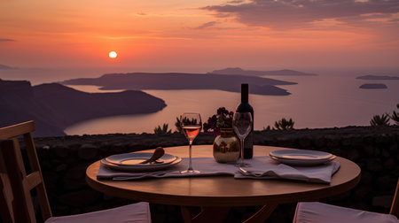 Romantic dinner with wine at sunset in Santorini, Greeceの素材