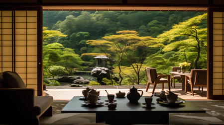 Japanese-style dining room with view of the lake and the mountainsの素材