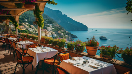 Beautiful terrace in Amalfi coast, Italy. Color toned imageの素材