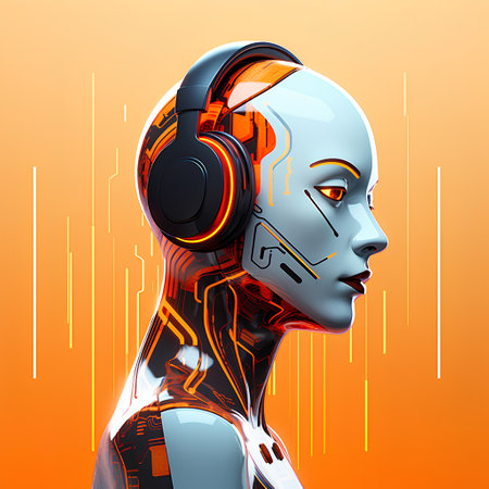 3d rendering of a female robot listening to music with headphones.の素材