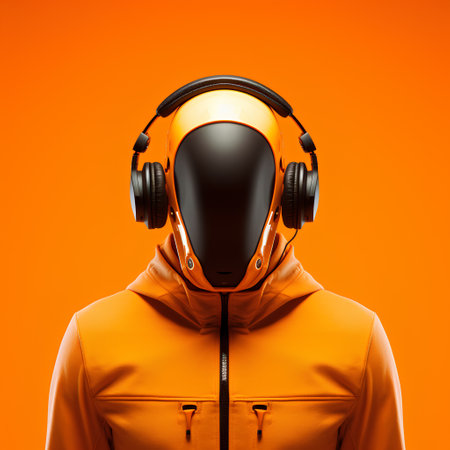 Man with headphones listening to music on an orange background. 3d renderingの素材