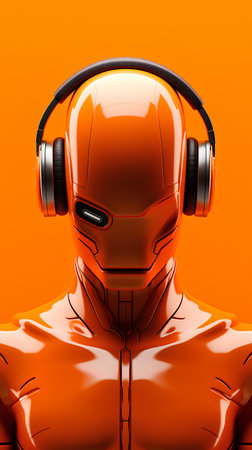 3d rendering of a robot with headphones on an orange background.の素材